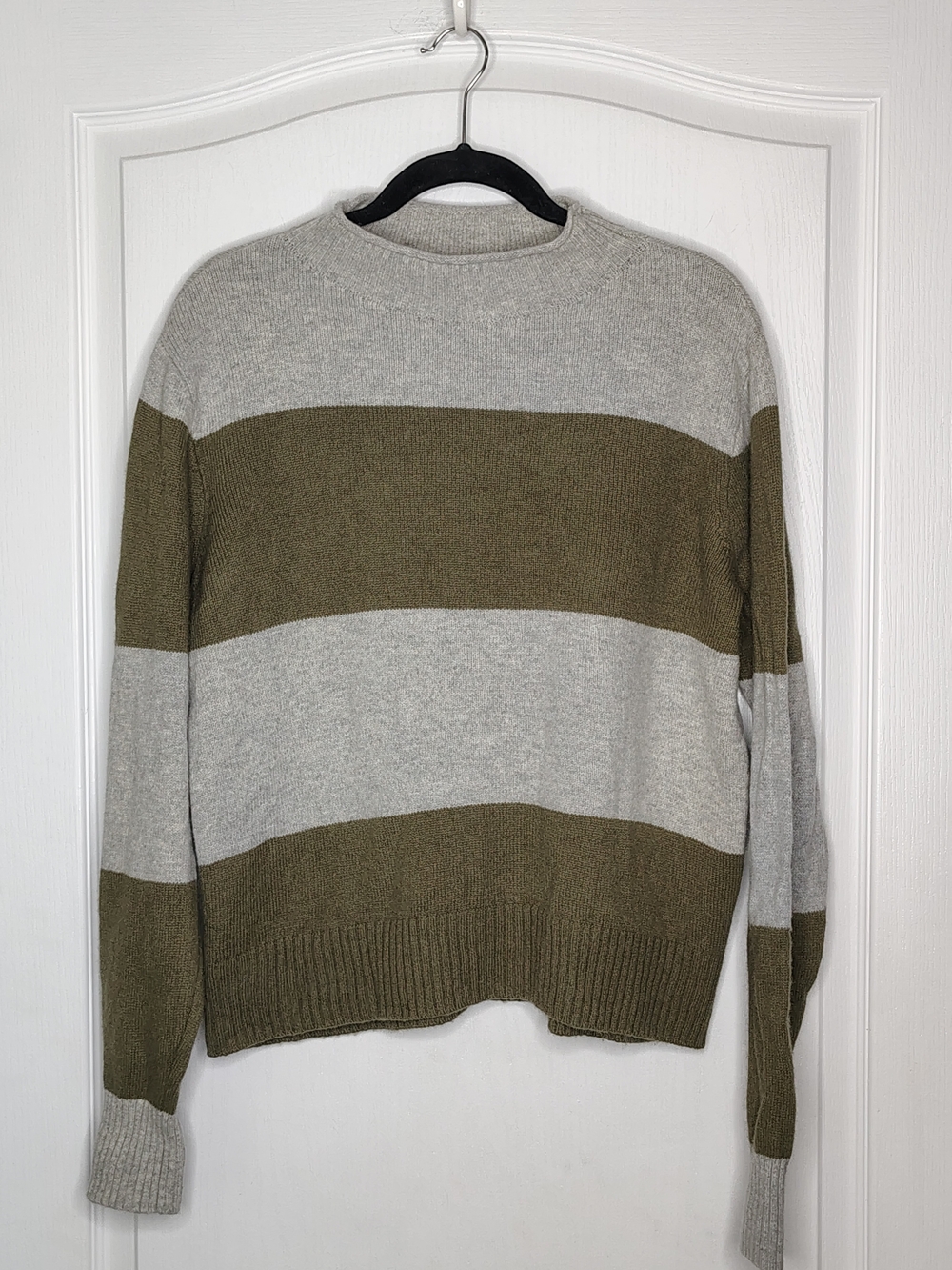 J. Crew Olive and Light Gray Striped Turtleneck Sweater